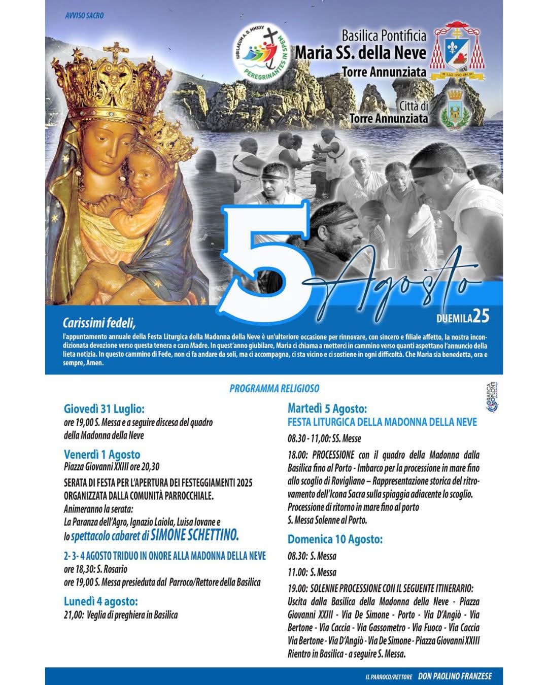 Festa del 5 agosto 2025. Programma religioso Basilica Pontificia Maria SS. della Neve  – Torre Annunziata